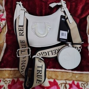 True Religion Cream Crossbody Bag with Logo Strap